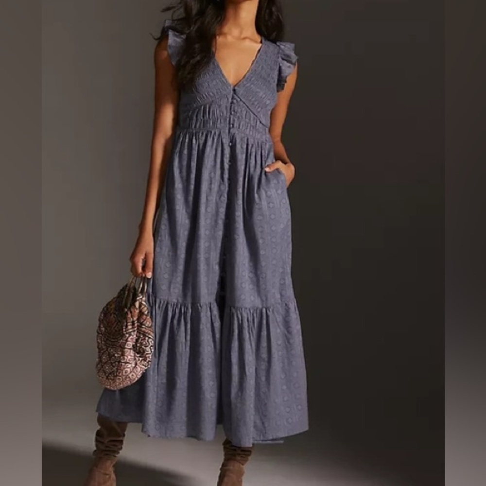 Anthropologie Blue Tiered Midi Dress with Ruffle Sleeves